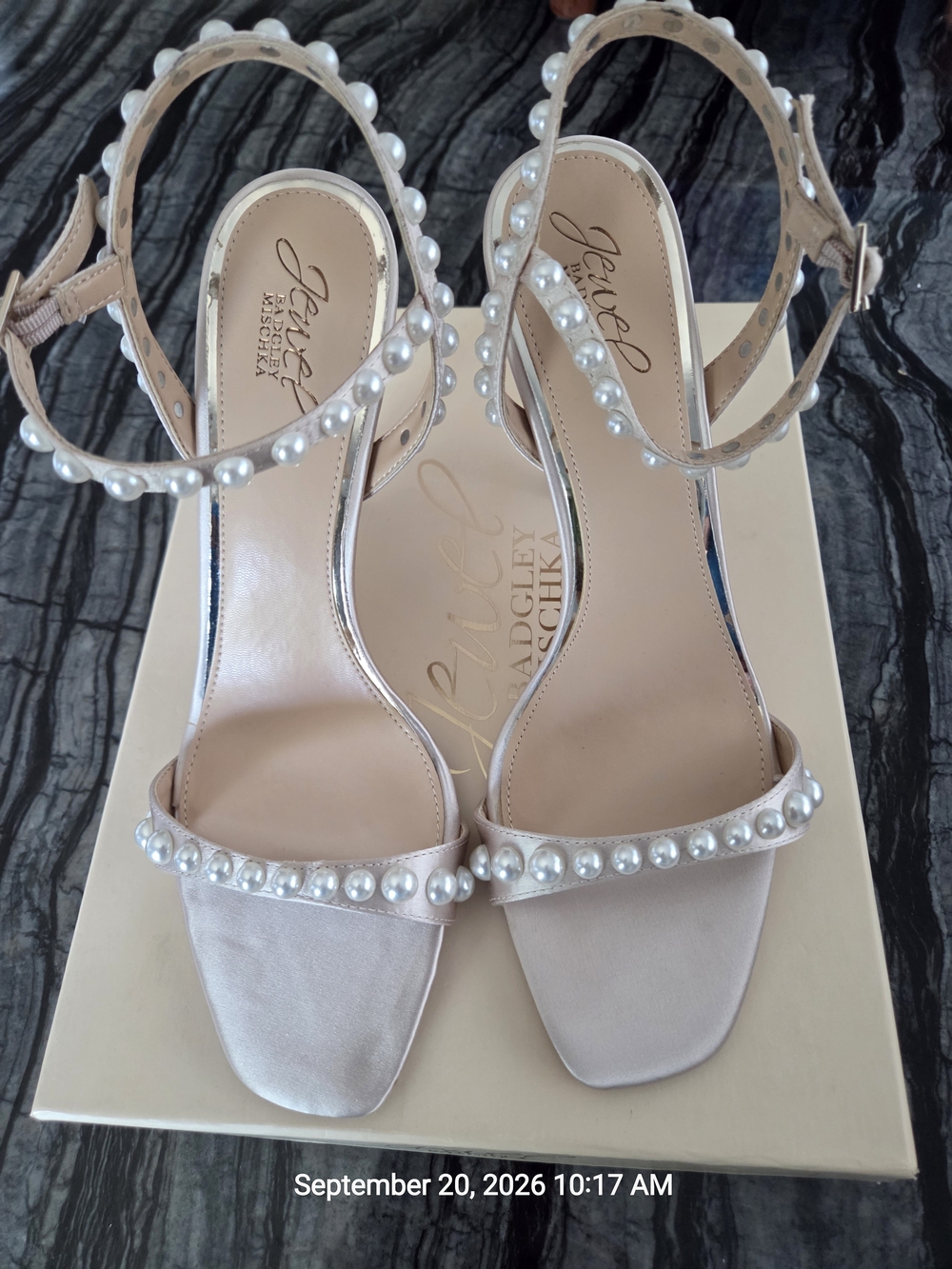 Jewel Badgley Mischka Women's Damaris Pearl-Embellished Beige Evening Sandals